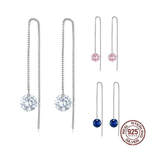 925 Sterling Silver Pink Blue Zircon Drop Dangle Ear Threads