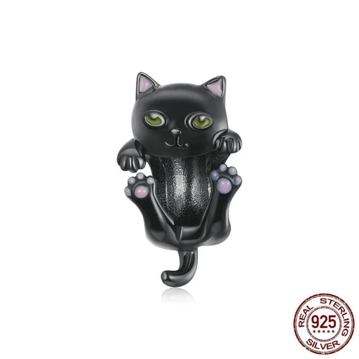 Pet Series 925 Sterling Silver Cartoon Black Cat Charms For