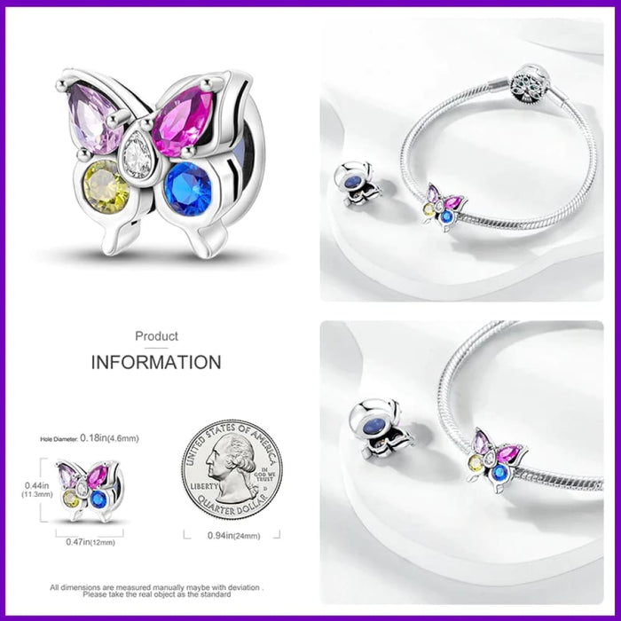 Womens 925 Sterling Silver Colourful Butterfly Travel Handbag Charms Heart Beads Fit Pandora Bracelet Diy Jewellery