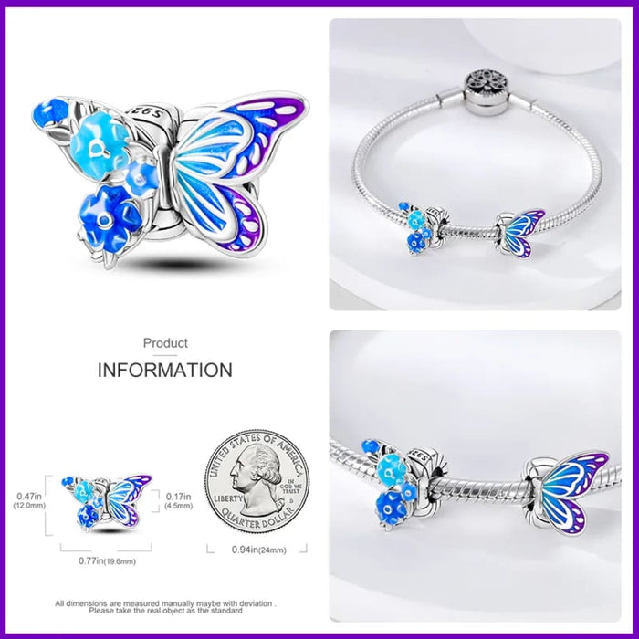 Womens 925 Sterling Silver Colourful Butterfly Travel Handbag Charms Heart Beads Fit Pandora Bracelet Diy Jewellery