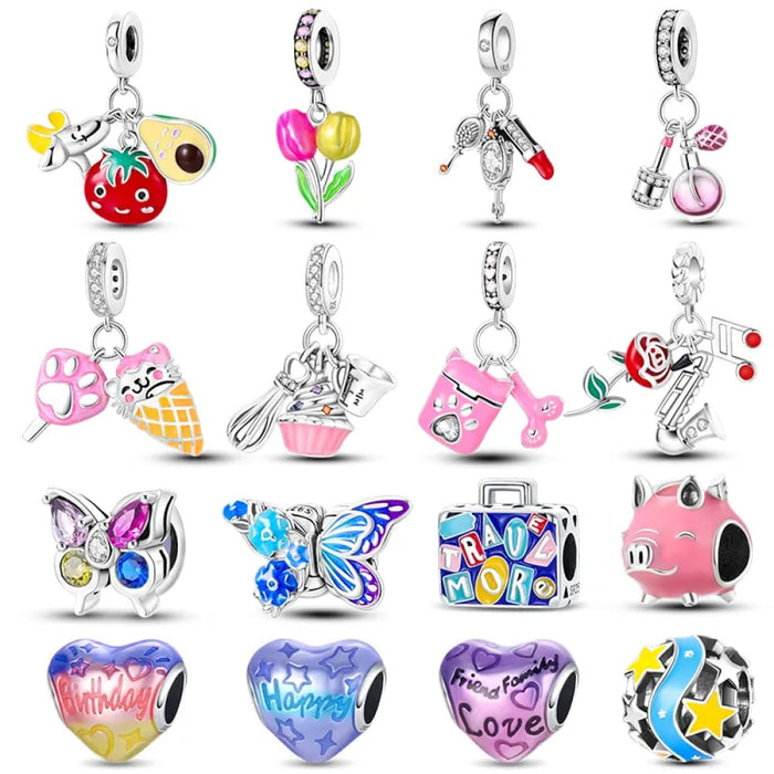 Womens 925 Sterling Silver Colourful Butterfly Travel Handbag Charms Heart Beads Fit Pandora Bracelet Diy Jewellery