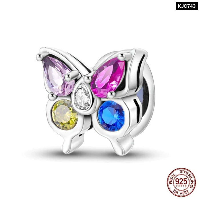 Womens 925 Sterling Silver Colourful Butterfly Travel Handbag Charms Heart Beads Fit Pandora Bracelet Diy Jewellery