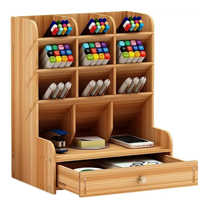 Vibe Geeks Wooden Desk Organizer Student Stationery Storage Box