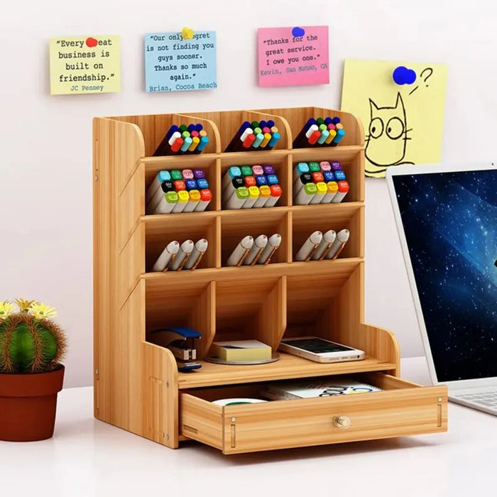 Vibe Geeks Wooden Desk Organizer Student Stationery Storage Box