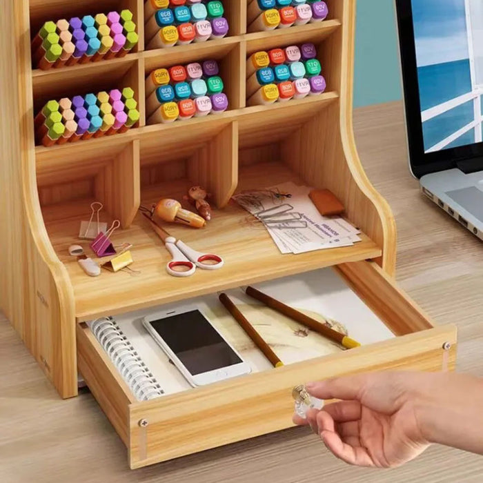 Vibe Geeks Wooden Desk Organizer Student Stationery Storage Box