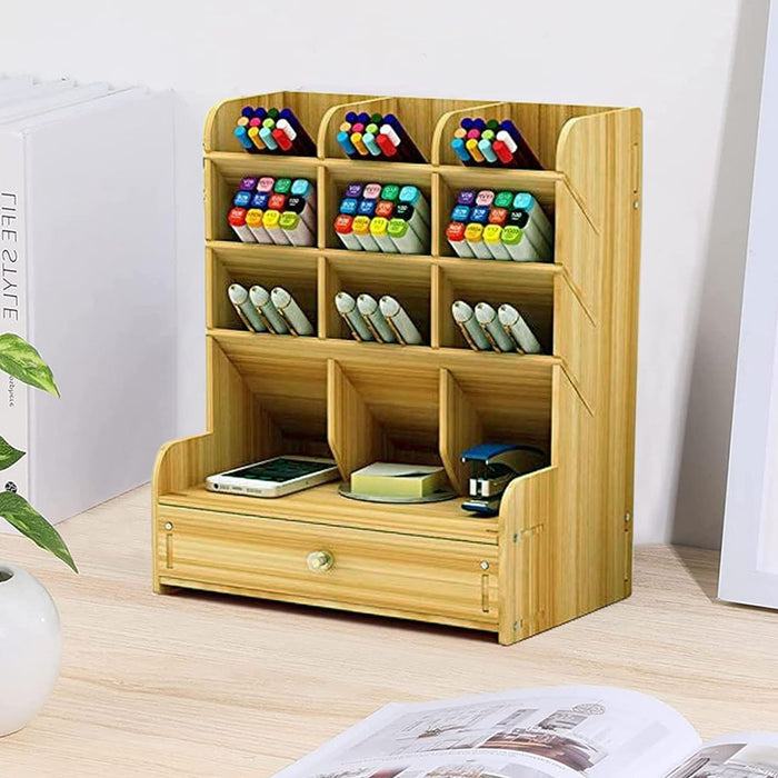 Vibe Geeks Wooden Desk Organizer Student Stationery Storage Box