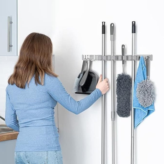 Vibe Geeks Wall Mounted Strong Broom Mop Holder Self With 5 Hooks