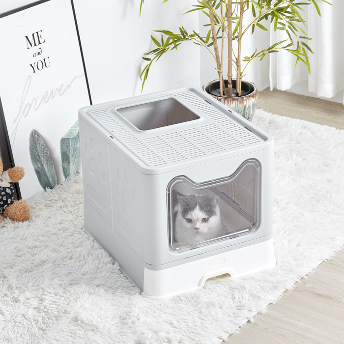 Vibe Geeks Large Space Foldable Cat Litter Box With Front Entry & Top Exit With Tray