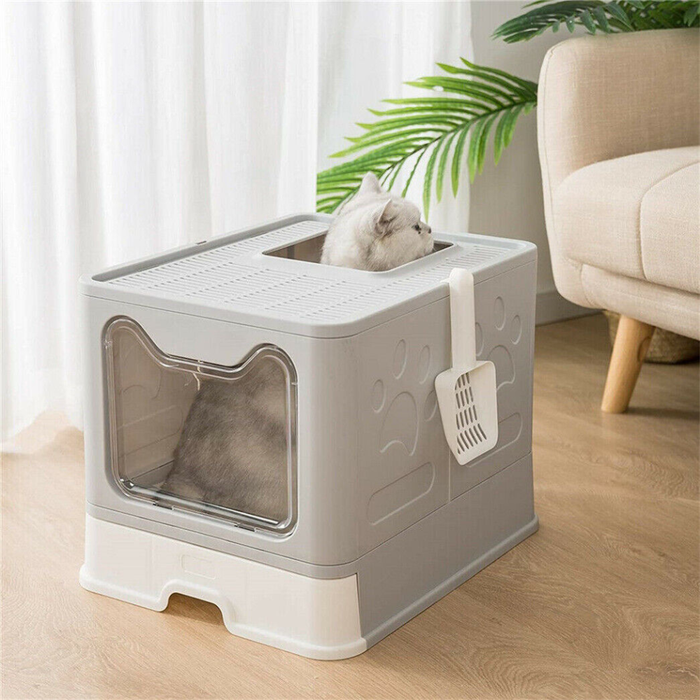 Vibe Geeks Large Space Foldable Cat Litter Box With Front Entry & Top Exit With Tray