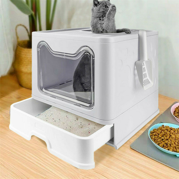 Vibe Geeks Large Space Foldable Cat Litter Box With Front Entry & Top Exit With Tray