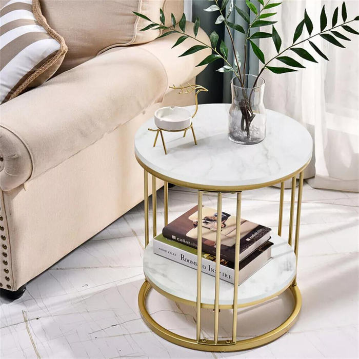 Vibe Geeks Round Marble Accent Table End 2 Tiers Storage Table - Gold