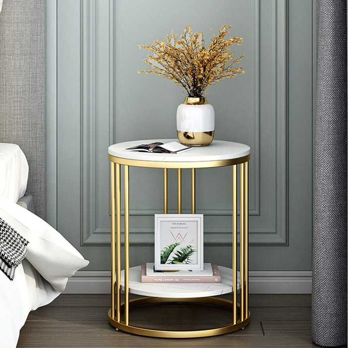 Vibe Geeks Round Marble Accent Table End 2 Tiers Storage Table - Gold