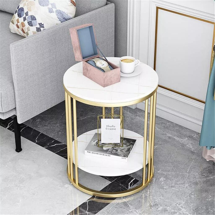 Vibe Geeks Round Marble Accent Table End 2 Tiers Storage Table - Gold