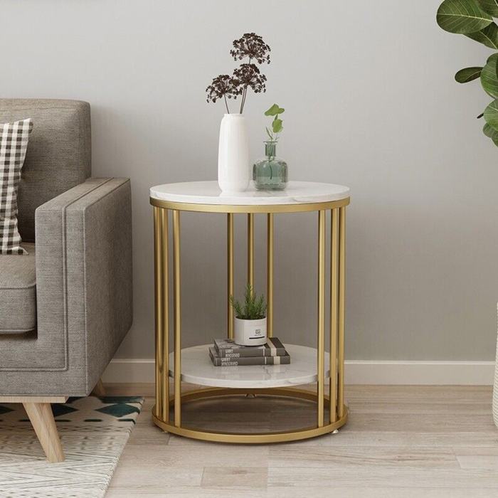 Vibe Geeks Round Marble Accent Table End 2 Tiers Storage Table - Gold