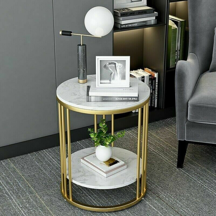 Vibe Geeks Round Marble Accent Table End 2 Tiers Storage Table - Gold