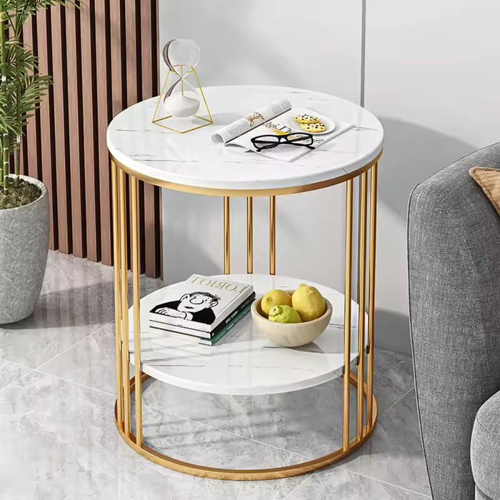 Vibe Geeks Round Marble Accent Table End 2 Tiers Storage Table - Gold