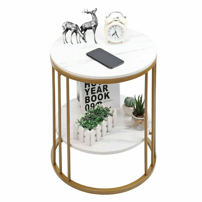 Vibe Geeks Round Marble Accent Table End 2 Tiers Storage Table - Gold