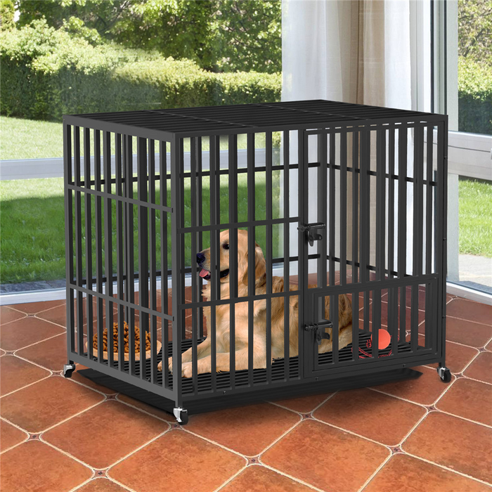 Vibe Geeks Heavy Duty Pet Dog Cage Strong Metal Crate Kennel Playpen With Wheels &Tray