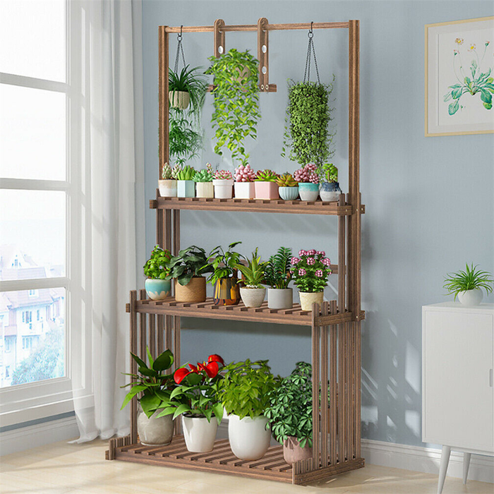 Vibe Geeks 3-Tier Hanging Wood Plant Stand Flower Pot Organizer Rack