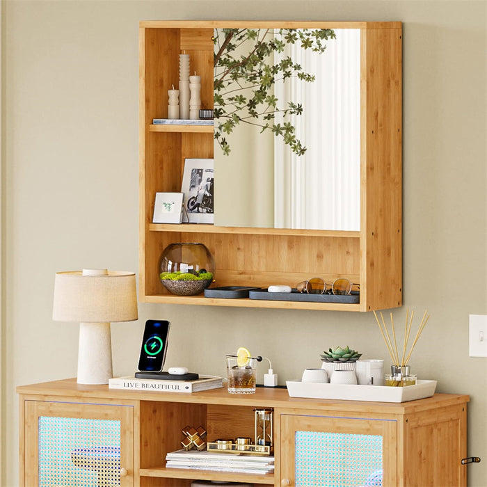 Vibe Geeks Natural Bamboo Bathroom Vanity Mirror Cabinet Wall Mounted Cupboard