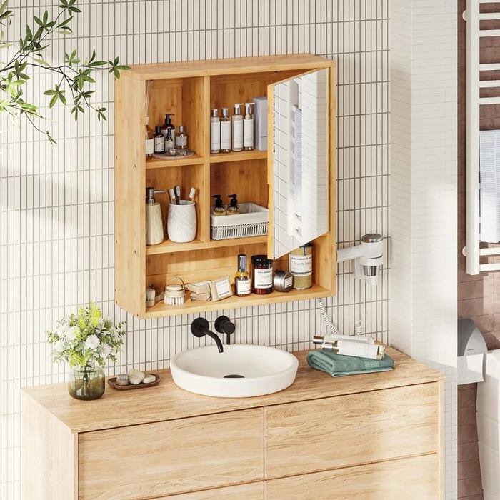 Vibe Geeks Natural Bamboo Bathroom Vanity Mirror Cabinet Wall Mounted Cupboard