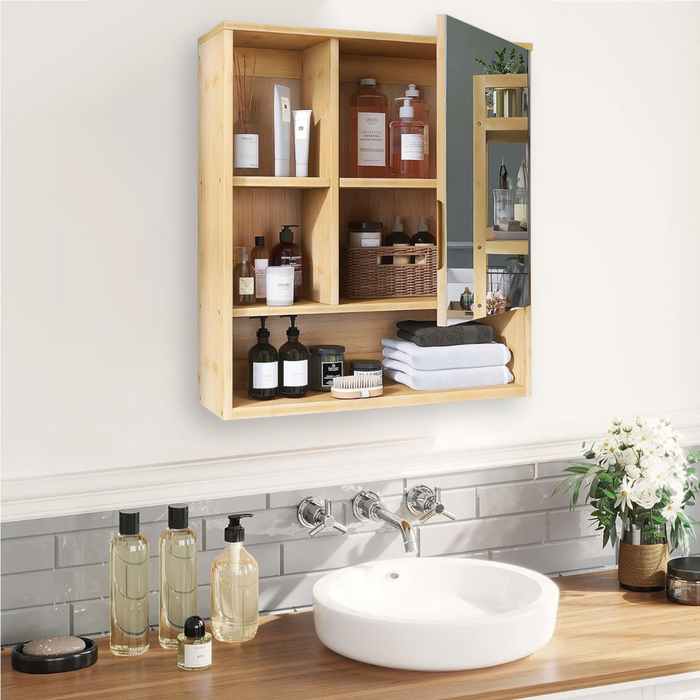 Vibe Geeks Natural Bamboo Bathroom Vanity Mirror Cabinet Wall Mounted Cupboard