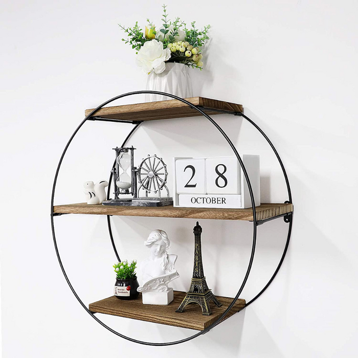 Vibe Geeks 3 Tier Floating Wall Mounted Rustic Industrial Wood Metal Shelves