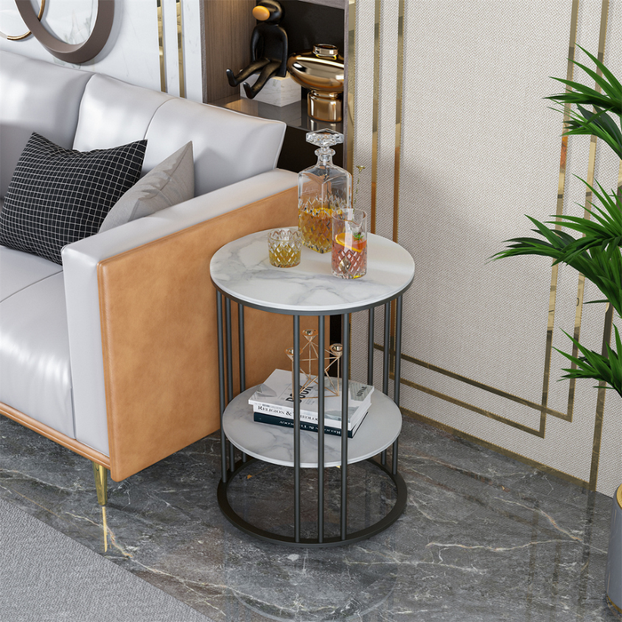 Vibe Geeks Round Marble Accent Table End 2 Tiers Storage Table - Black