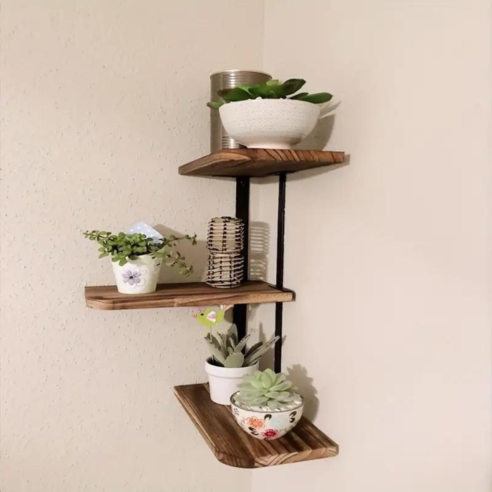 Vibe Geeks Rustic Industrial Wood Shelf Wall Mount Corner Rack