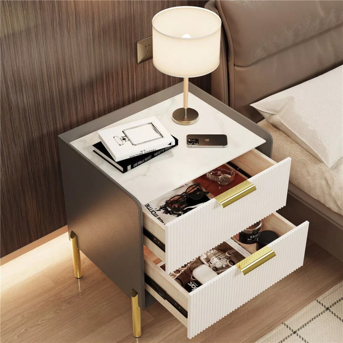 Vibe Geeks 2 Tier Side Table Nightstand With Sintered Stone Tabletop And Chrome Legs