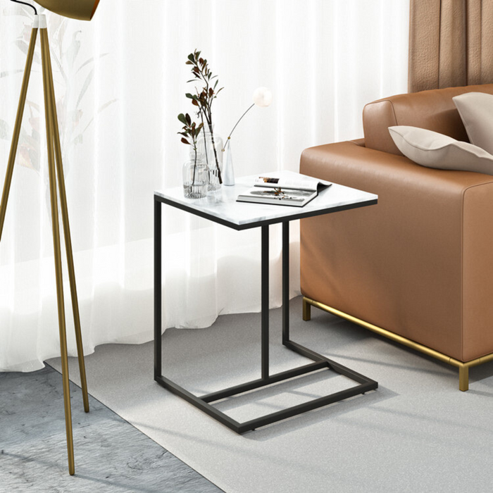 Vibe Geeks Modern C-Shaped Sofa Side Table With White Sintered Stone Table-Top And Metal Iron Legs