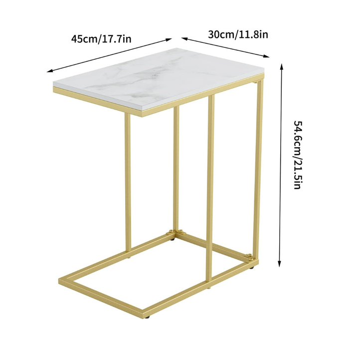 Vibe Geeks Modern C-Shaped Sofa Side Table With White Sintered Stone Table-Top And Metal Iron Legs