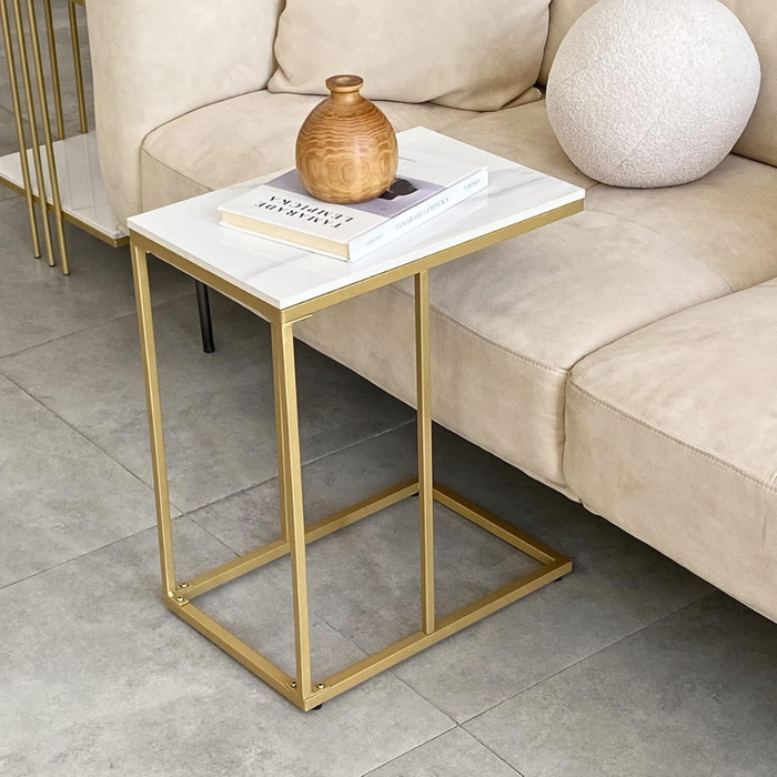 Vibe Geeks Modern C-Shaped Sofa Side Table With White Sintered Stone Table-Top And Metal Iron Legs