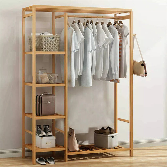 Vibe Geeks Bamboo Wood Clothing Garment Rack With Shelves