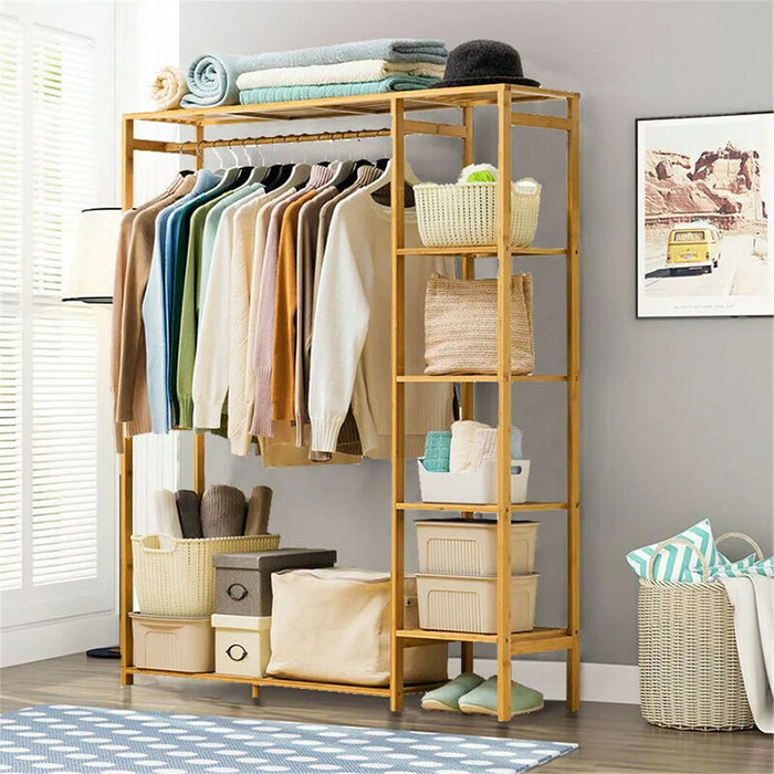 Vibe Geeks Bamboo Wood Clothing Garment Rack With Shelves