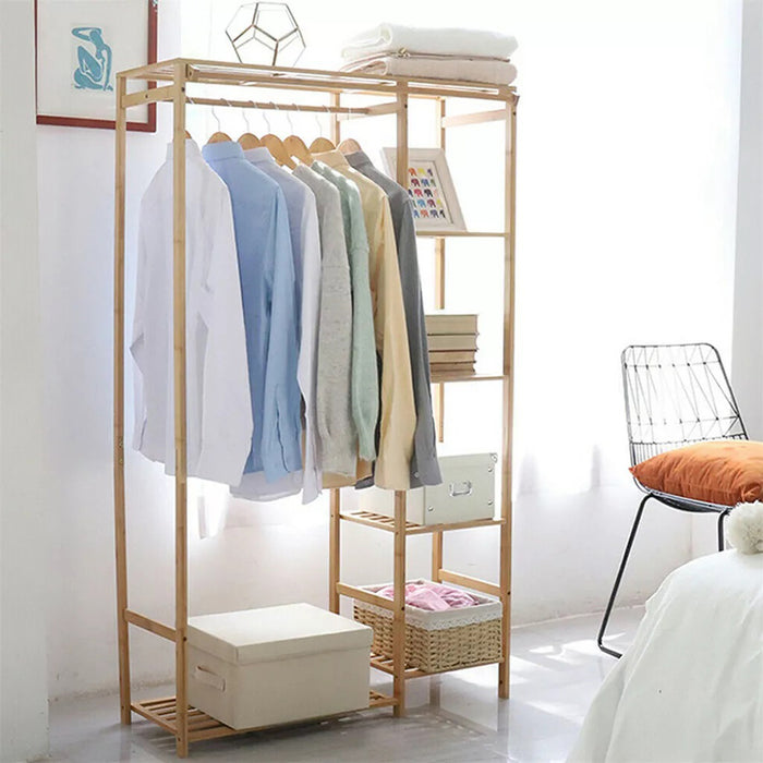 Vibe Geeks Bamboo Wood Clothing Garment Rack With Shelves