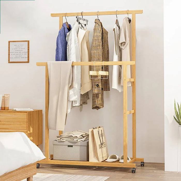 Vibe Geeks Double-Rail Bamboo Clothes Rack High Low Hanging Rod Organizer