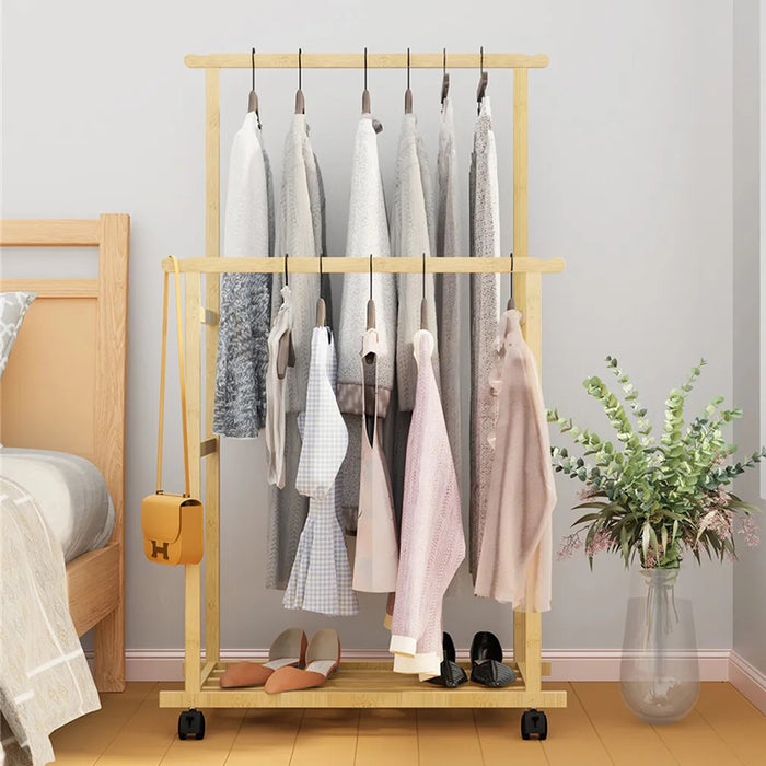 Vibe Geeks Double-Rail Bamboo Clothes Rack High Low Hanging Rod Organizer