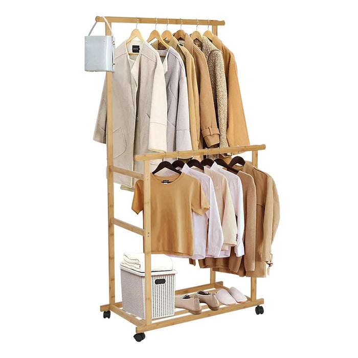 Vibe Geeks Double-Rail Bamboo Clothes Rack High Low Hanging Rod Organizer