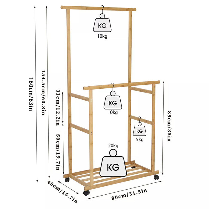 Vibe Geeks Double-Rail Bamboo Clothes Rack High Low Hanging Rod Organizer