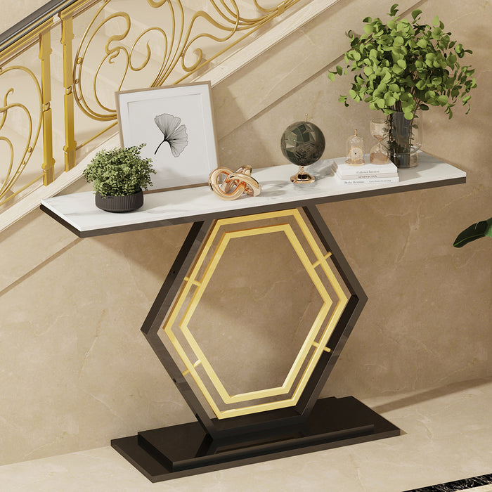 Vibe Geeks Console Table Sintered Stone Top Narrow Entryway Sofa Side Table Geometric Base