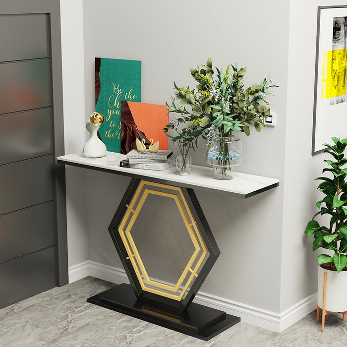 Vibe Geeks Console Table Sintered Stone Top Narrow Entryway Sofa Side Table Geometric Base