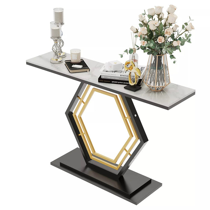 Vibe Geeks Console Table Sintered Stone Top Narrow Entryway Sofa Side Table Geometric Base