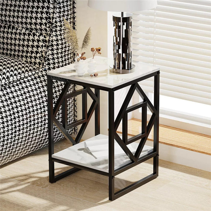 Vibe Geeks Sleek White Marble Side Table Sofa End Table Bedside Nightstand