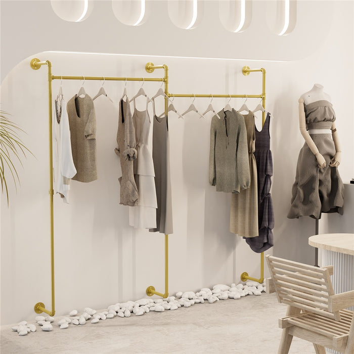 Vibe Geeks Industrial Pipe Clothing Rack Wall Mounted With Hanging Rods - Gold