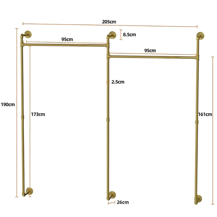 Vibe Geeks Industrial Pipe Clothing Rack Wall Mounted With Hanging Rods - Gold