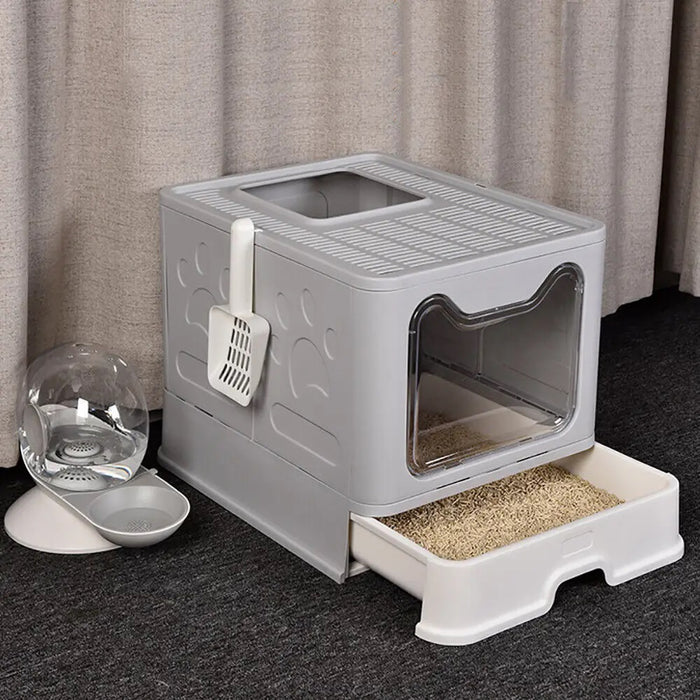 Vibe Geeks Large Space Foldable Cat Litter Box With Front Entry & Top Exit With Tray