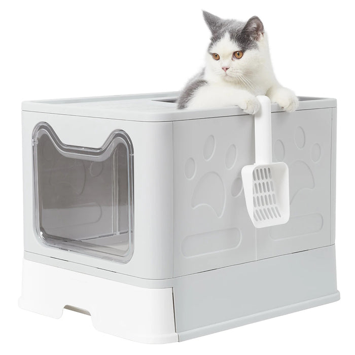 Vibe Geeks Large Space Foldable Cat Litter Box With Front Entry & Top Exit With Tray