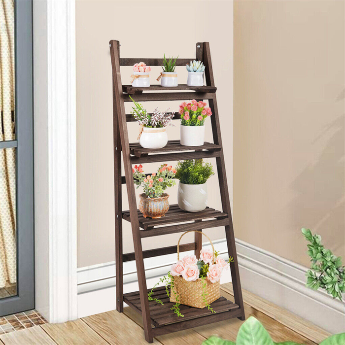 Vibe Geeks Folding 4 Tier Ladder Shelf Storage Shelving Unit Wooden Bookcase