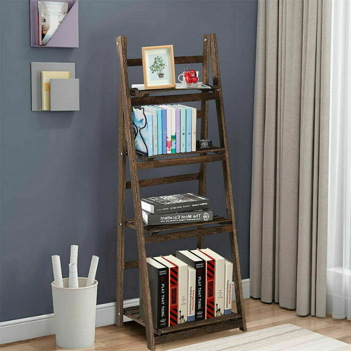 Vibe Geeks Folding 4 Tier Ladder Shelf Storage Shelving Unit Wooden Bookcase